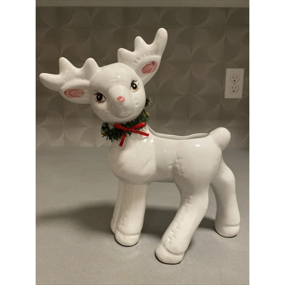 Ceramic Reindeer Planter Retro White Holiday Deer Pot Christmas